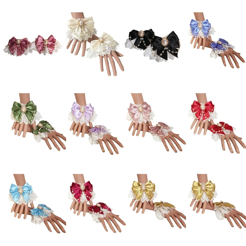

Sweet Lolita Hand Wrist Cuffs Floral Lace Bow Pearl Chain Bracelet Wristband