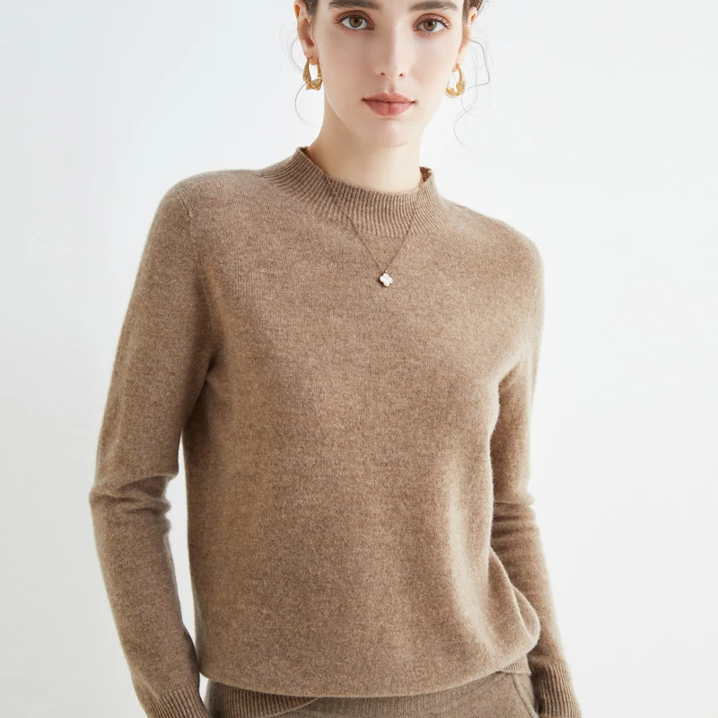 Half Turtleneck Women's Pullover 100% Wool Sweater Fashion Cropped Loose Long Sleeve Cashmere Knit New 22 Seamless |