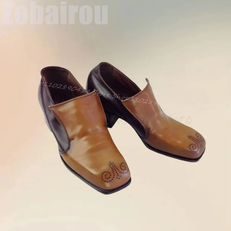 Коричневые дизайнерские лоферы с резьбой и квадратным носком на массивном