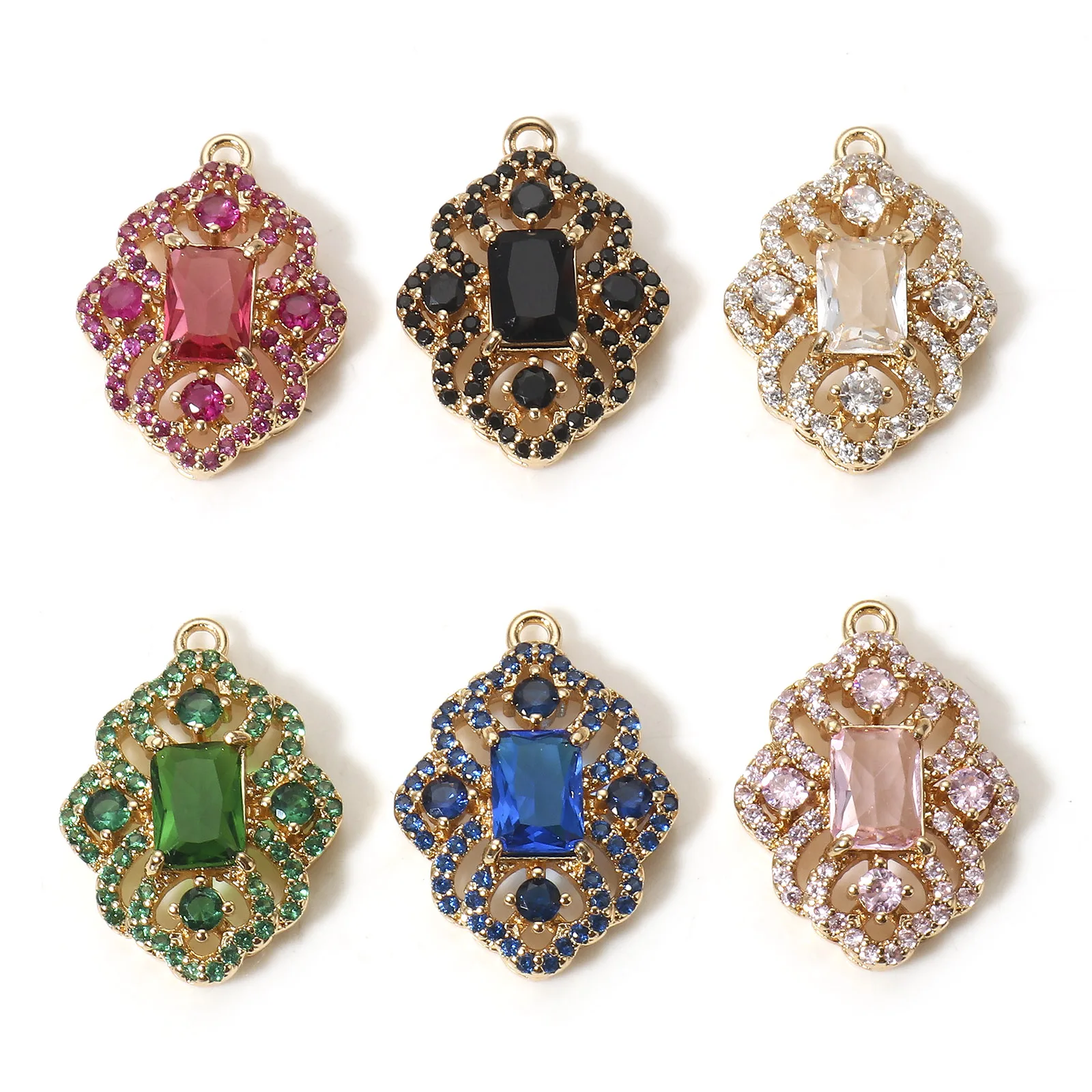 

1pc Vintage Copper Charms Gold Color Rhombus Filigree Glass Cabochons Multicolor Rhinestone Pendant DIY Necklace Jewelry 22x16mm