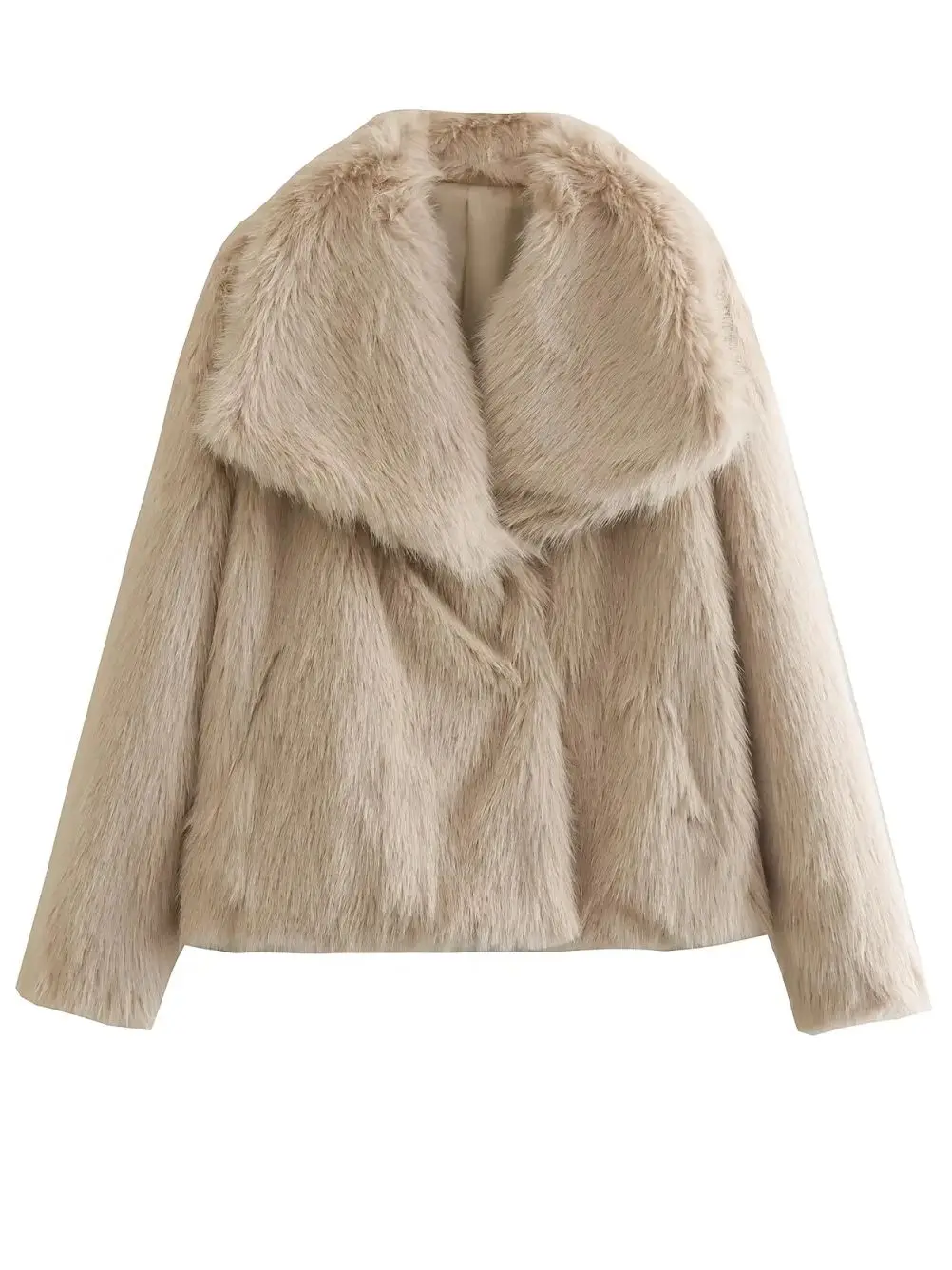 Spring And Autumn Women's Beige And White Fake Fur Lapel Long Sleeve Loose Jacket Warm Fashion High Street Style