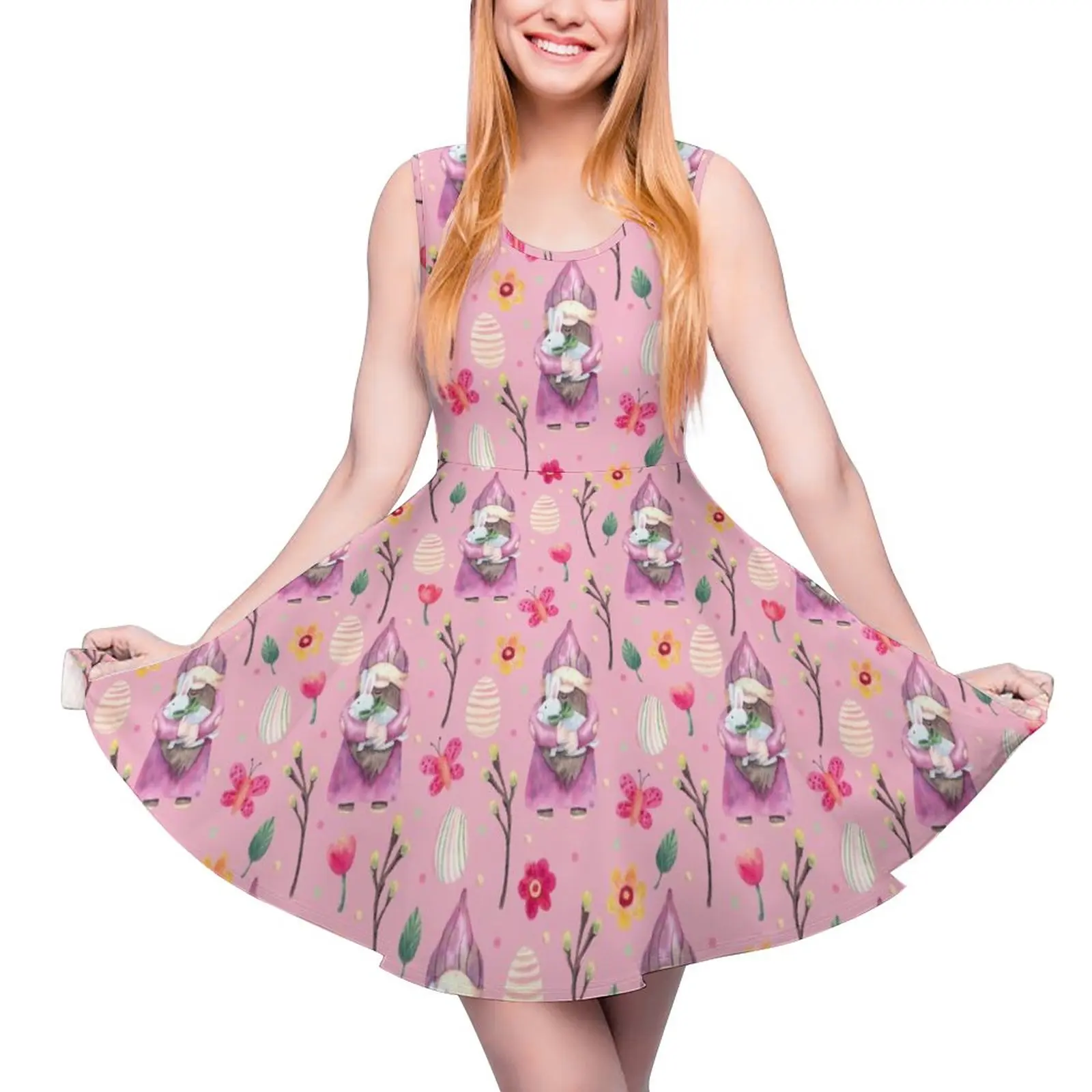 

Pink Easter Day Dress Cute Rabbit Print Trendy Dresses Sleeveless Street Style Skate Dress Womens Graphic Vestido Birthday Gift