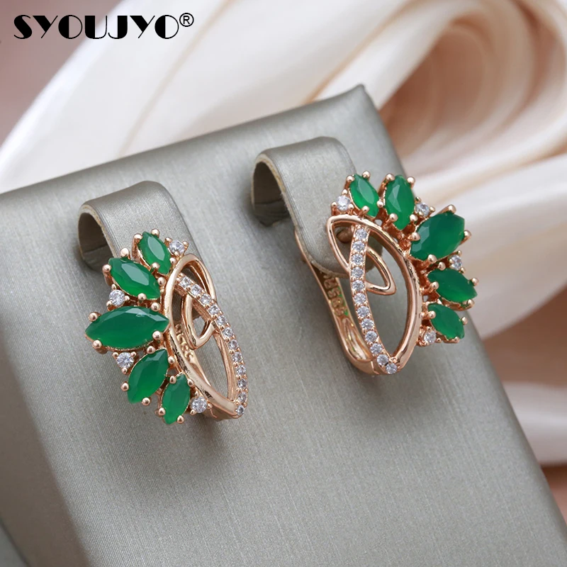 SYOUJYO Green Natural Stone Vintage Earrings For Women Rose Gold 585 Luxury Design Cubic Zircon English Earrings Spring Gift