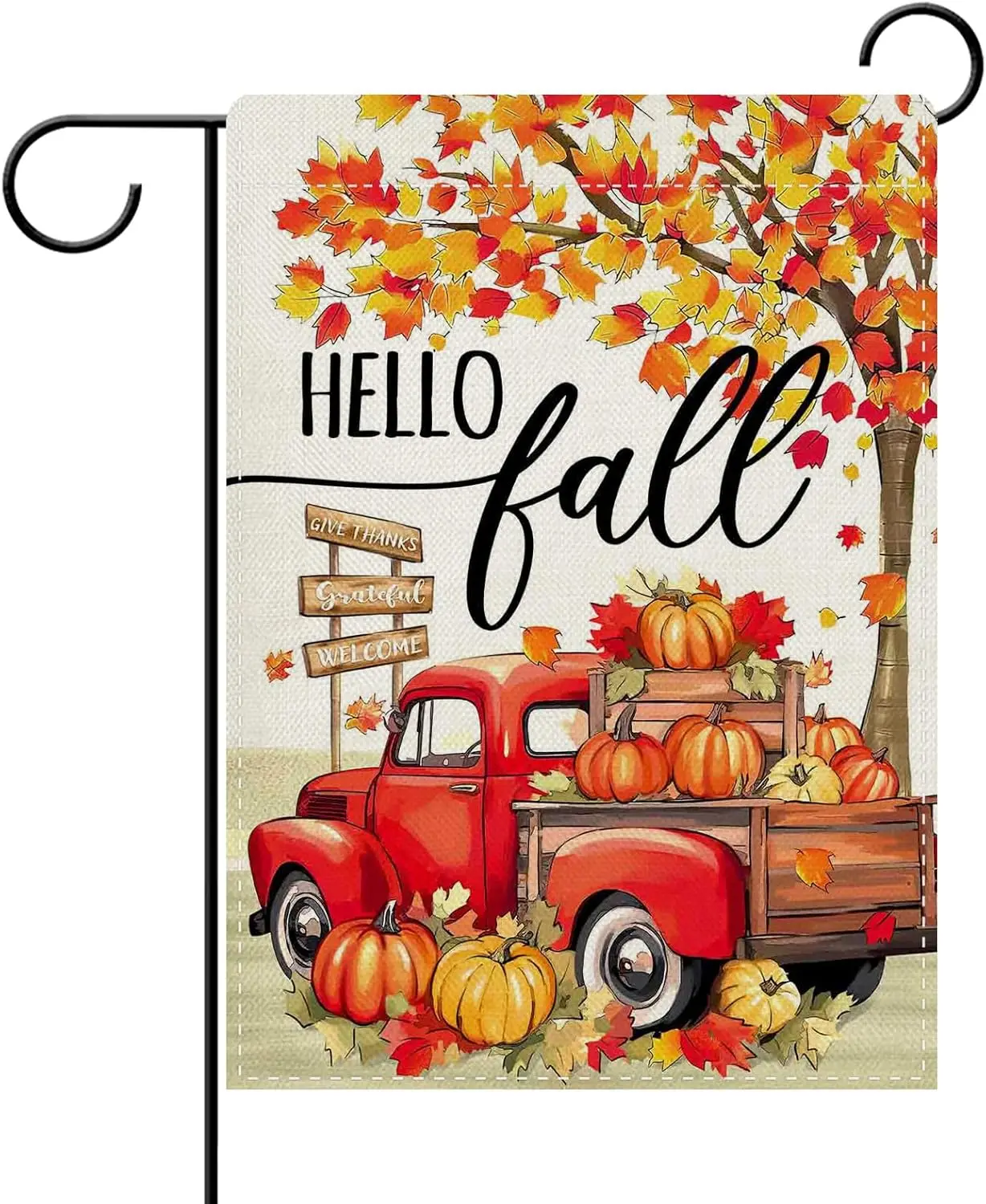 Фото Декоративный садовый флаг Dyrenson Hello Fall с красным грузовиком, осенний, к Дню благодарения, для сезона урожая, с тыквой и кленовым деревом, для двора и улицы №1