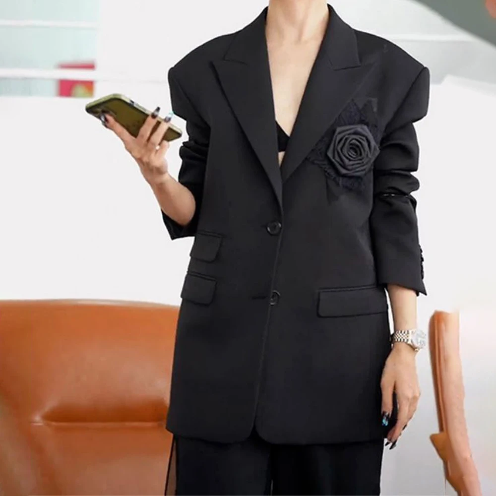 Black Temperament Blazer For Women Peaked Lapel Long Sleeve 3D Flower Design Single Breasted Coat 2023 New Fashion Female Jacket