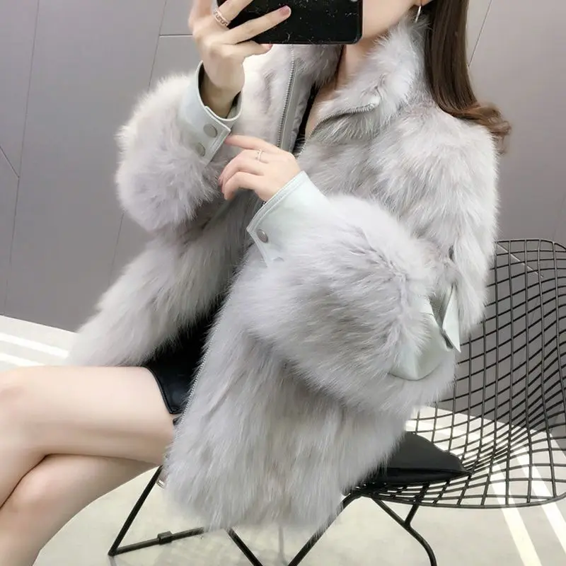 Fashion Winter outfits Thicken Warm Women's Faux Fur Coats Female Sheepskin Jacket Lamb Coat Artificial Fur Short Jacket Grey