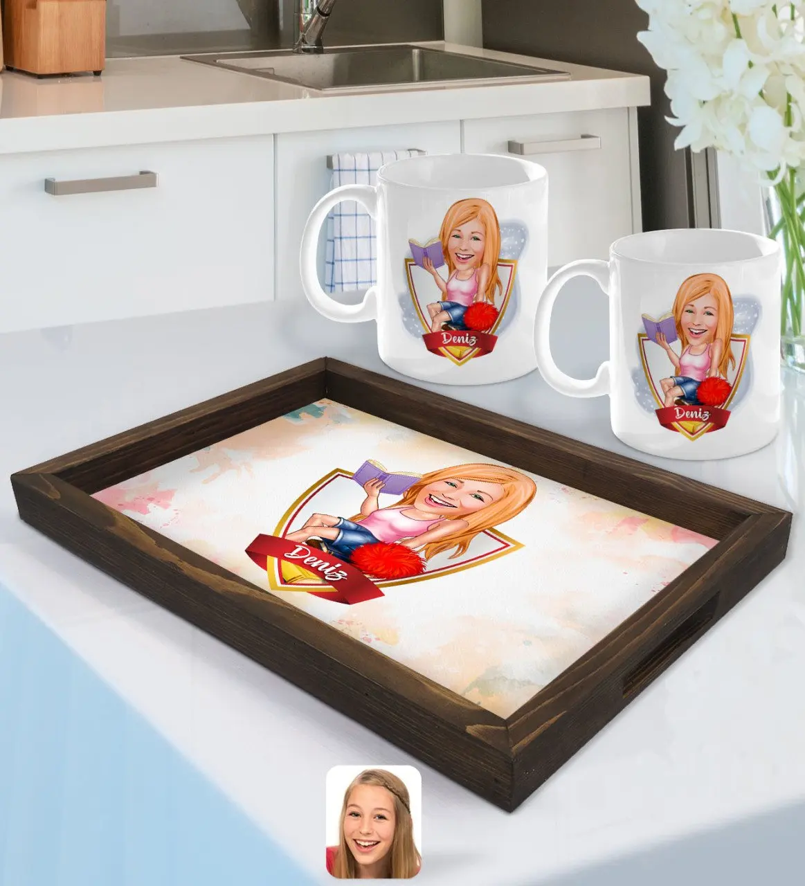 

Персонализированная женская школьная карикатура поднос из натурального дерева и 2gang Cup Seti-1