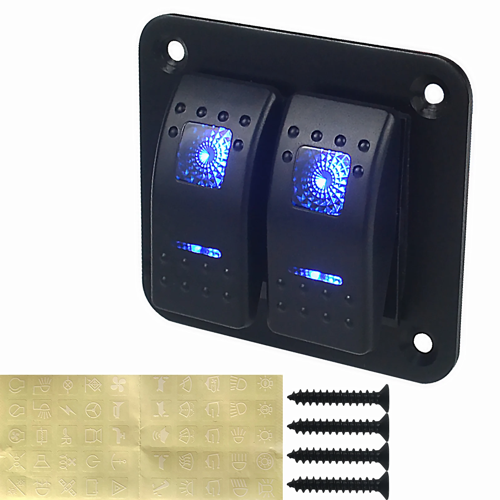 

4 Gang Rocker Switch Aluminum Panel with DIY Sign Stickers with Blue LED Lights 12V / 24V for Marine Boat
