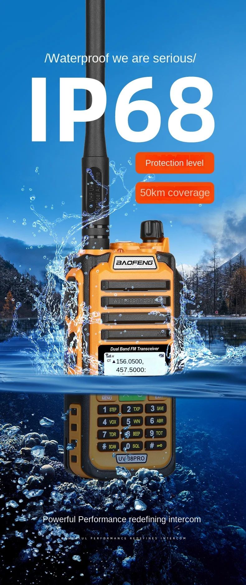 Baofeng UV-98PRO waterproof walkie-talkie UV stout antenna outdoor IP68 marine VHF high power hand station outdoor self-driving
