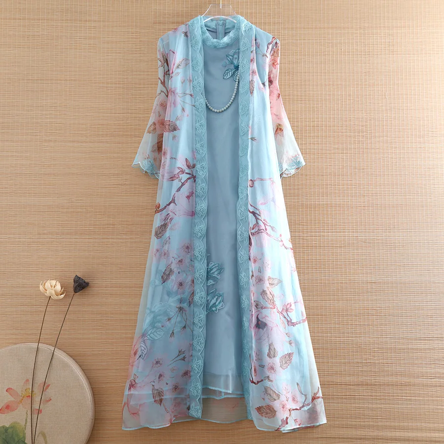 

High-end Women 2 Pieces Set Vintage Embroidery Silk Organza Coat Tops + Sleeveless Dress Elegant Lady Suit Female S-XXL