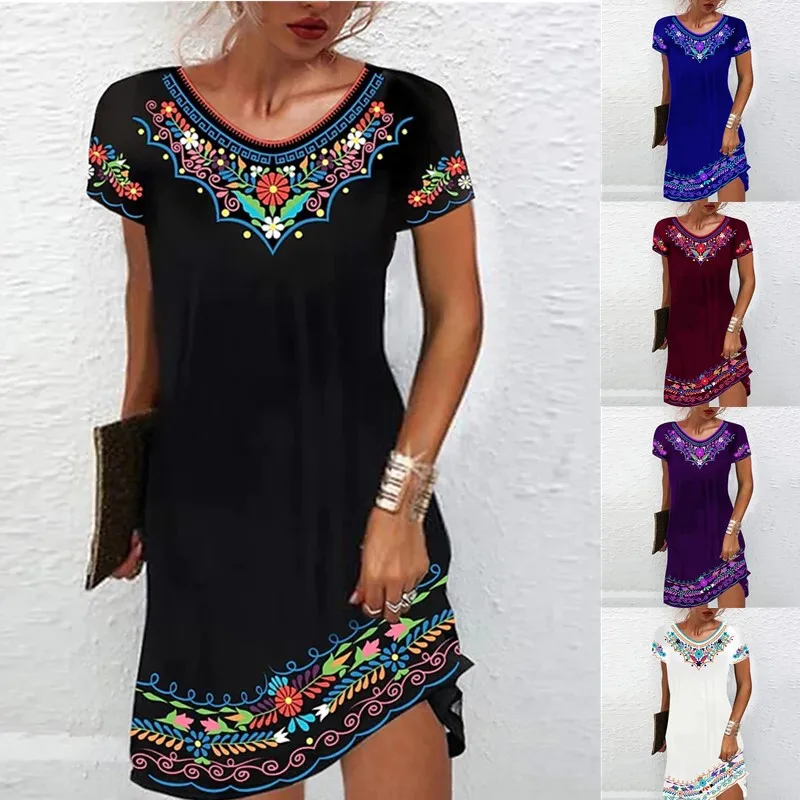 

2022 new summer mid-waist printed urban casual short-sleeved dress