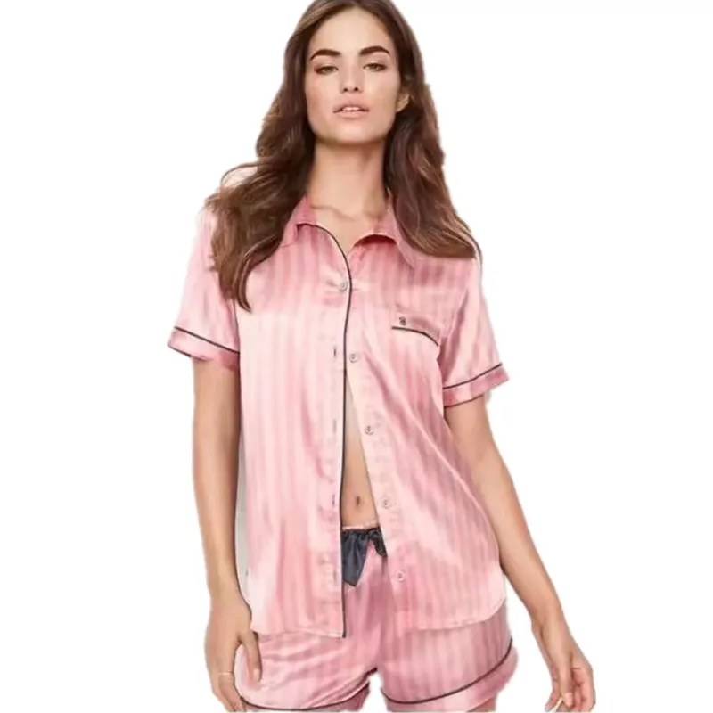 Pink Striped Satin Pyjamas for Women Summer Home Suit Silk Pajamas with Shorts Sleepwear Dropshipping