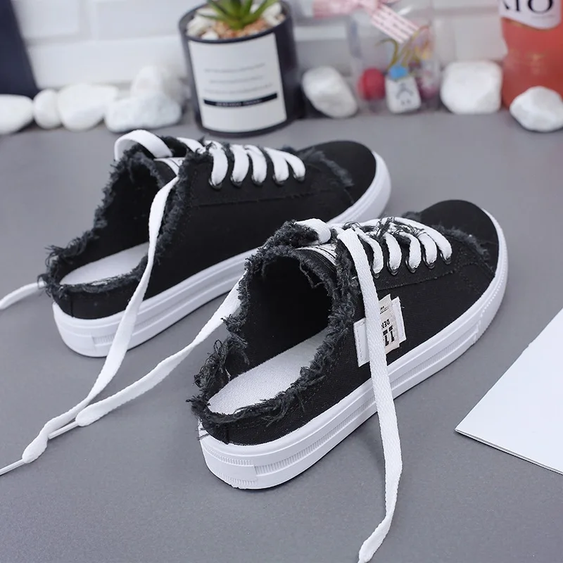 New 2023 Spring Summer Canvas Shoes Women Flat Sneakers Women Casual Shoes Low Upper Lace Up White Strappy Shoes Loafers