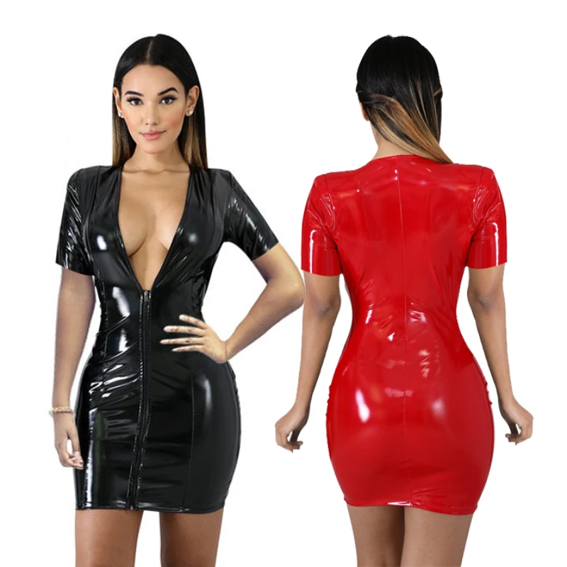 

AIIOU Sexy Faux Leather Lingerie Dress Women Bodycon Patent Leather Clubwear Ladies Catsuit Pole Dance Outfit Night Club Dress