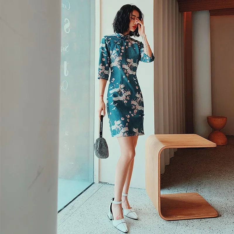 Китайское платье-Ципао с принтом журавлей традиционное китайское платье осенняя