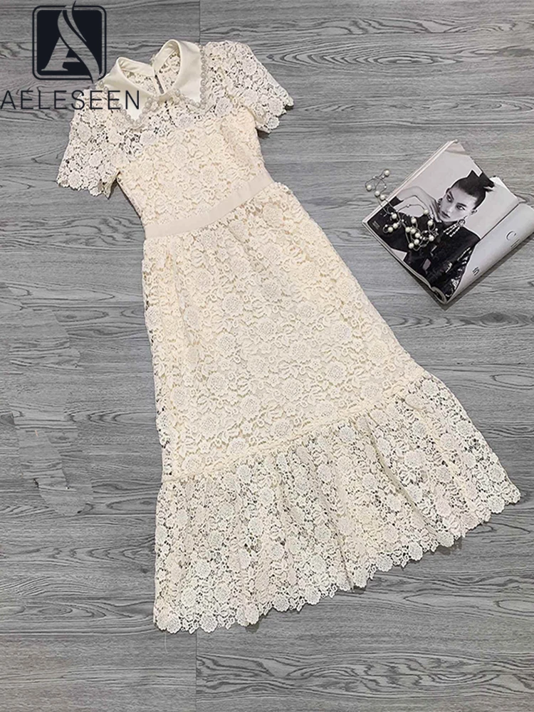 

AELESEEN Runway Fashion 2022 Summer Elegant Dress Women Creamy White Beading Pearls Water Soluble Floral Lace Party Vacation