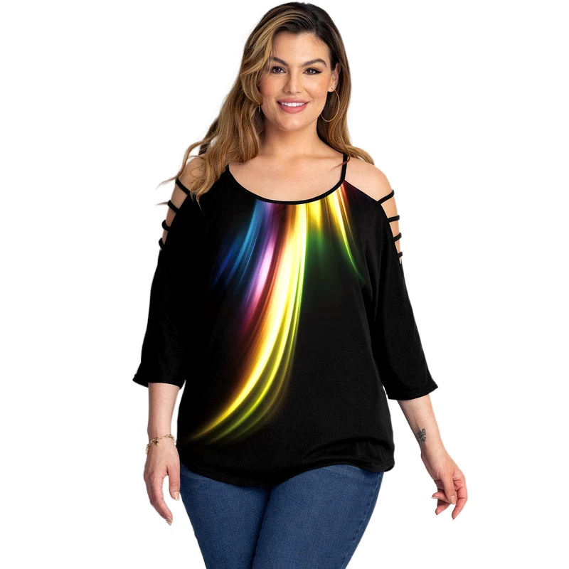Fashion Plus Size Womens Cut Out Knitted Tees Gradient Printed T-shirts Autumn Sexy Long Sleeve Oversized Loose Hollow Tunic Top