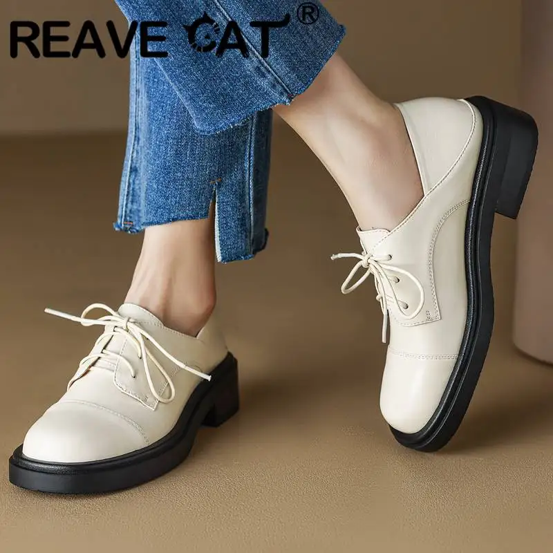 

Женские туфли-лодочки из коровьей кожи REAVE CAT, мягкие однотонные туфли на блочном каблуке 4 см со шнуровкой, повседневные туфли больших разме...
