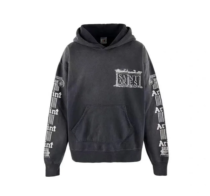 

Fashion Trend Saint hand drawn graffiti retro distressed plush hoodie loose fitting hoodie hoodie