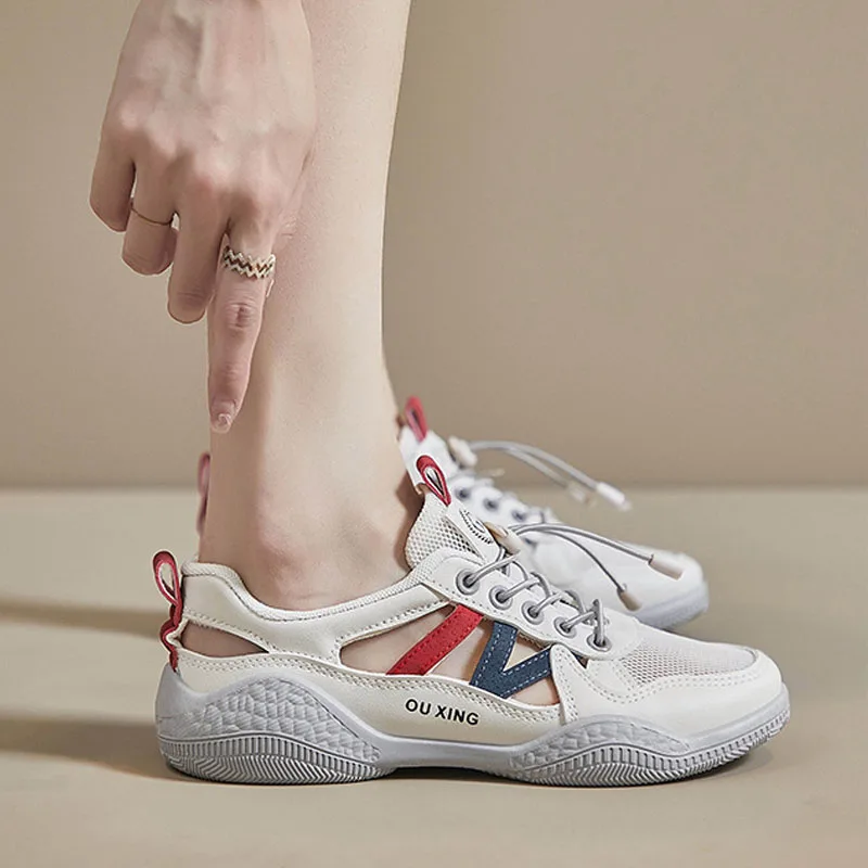 

2023 New Women's Sandals Summer Openwork Breathable Sneakers Designer Leather Mesh Panel Sandals Elastic Lace-up Casual Shoes