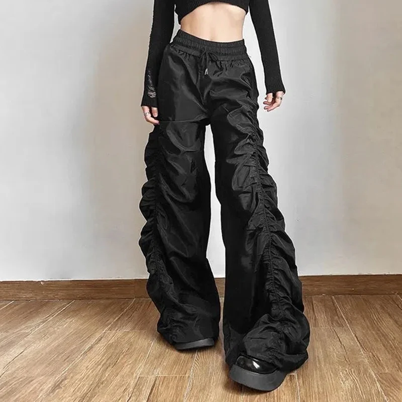 

Vintage Folds Black Trousers Harajuku Women High Waist Loose Wide Leg Pants Punk Style Hip Hop Female Streetwear Harem Pants