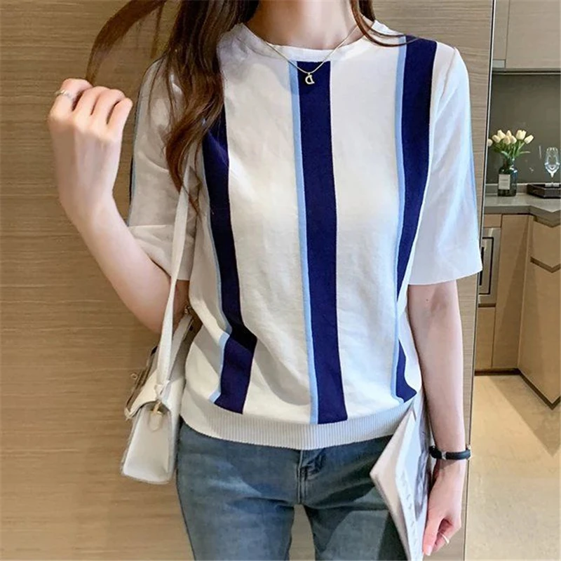

Women Clothing Summer Striped Thin Knitted T Shirt Korean Fashion Female Simple Casual O Neck Short Sleeve Tops Camisetas Mujer