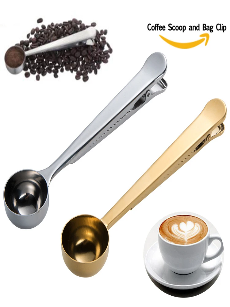 

Two-in-one Stainless Steel Coffee Spoon Sealing Clip Nordic Golden Food Sealer Set Table Decoration Kitchen Storage Organization
