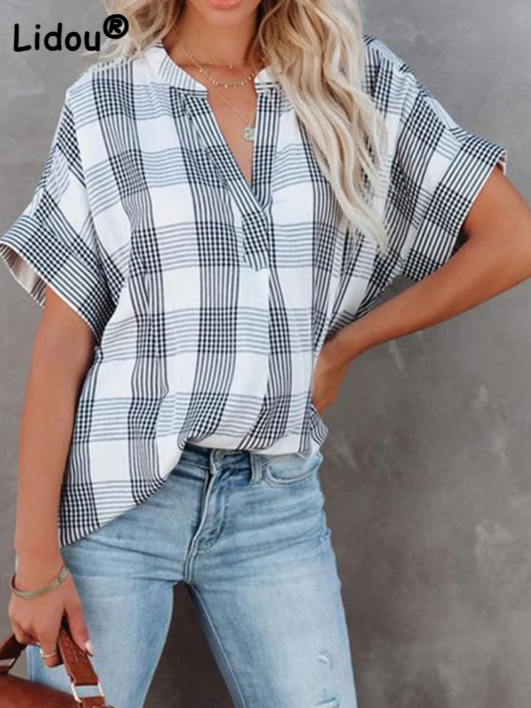 

Loose Plaid Print Chiffon Vintage Blouse Summer Female Clothing Fashion Casual Vacation Tops V-Neck Short Sleeve Pullovers Shirt