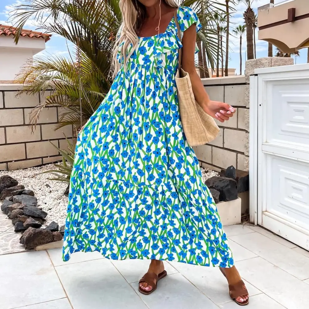 

Women robe Ruffle Square Neck Colorful Flower Print Big Hem Maxi Dress 2022 Summer Elegant Floral Print dresses for women 2022