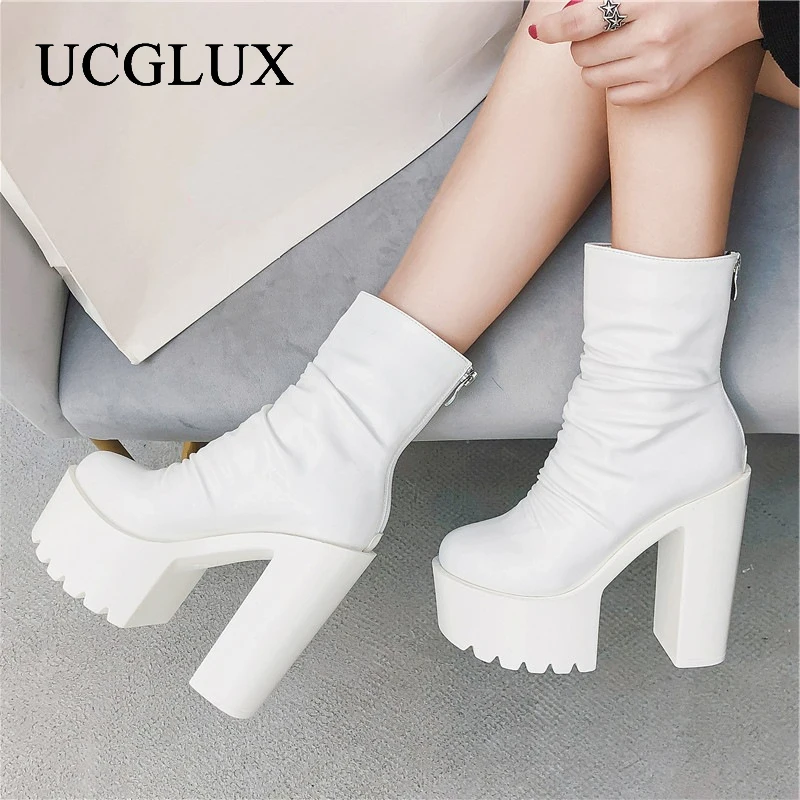 

Women's Solid Color Mid Boots Square Root Platform Women's Boots High Heel Back Zipper Round Toe High Heel Boots Botas De Mujer