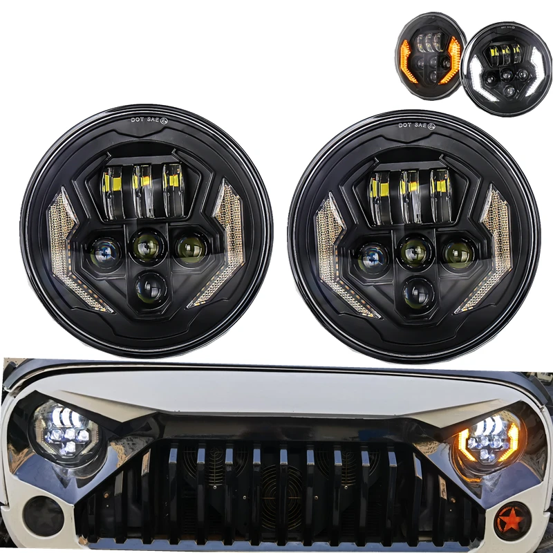 7'' Inch Car LED Headlight High Low Sealed Beam White DRL Yellow Turn Signal Light Projector Headlamp for Jeep Harley