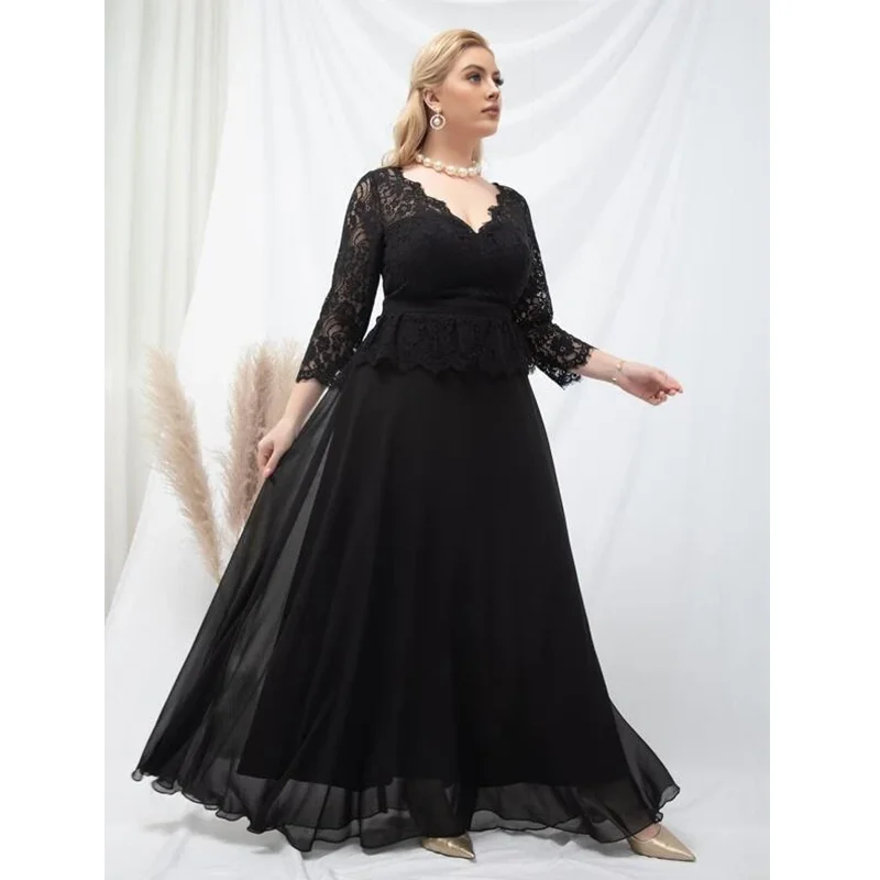 Plus Size V Neck 4XL5XL Lace Wine Red Chiffon Loose Elegant Evening Gown Wedding Plus Size Dresses
