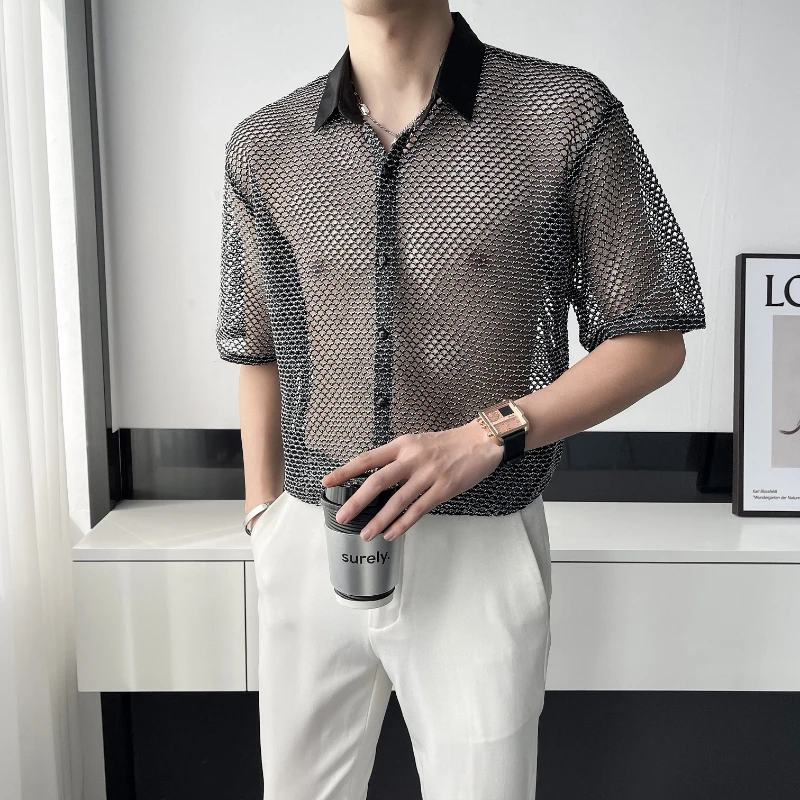 

Men's Sexy Cutout See-through Shirt Summer Short Sleeve Loose Casual Shirt Streetwear Social Party Nightclub DJ Tuxedo Blouse