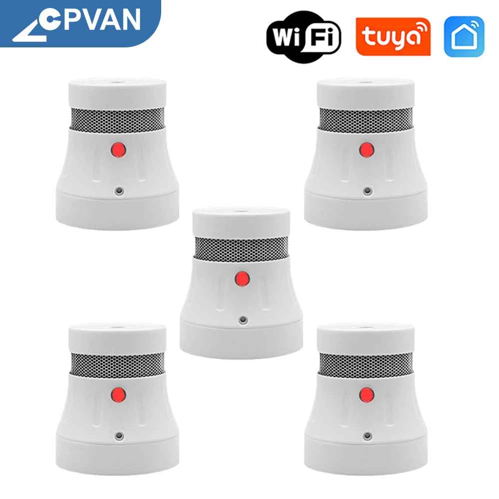 

CPVAN 5PCS WIFI Tuya APP Smoke Detector Home Security SystemFire Sensor Smoke Alarm Fire Protection 85Db with Test Button
