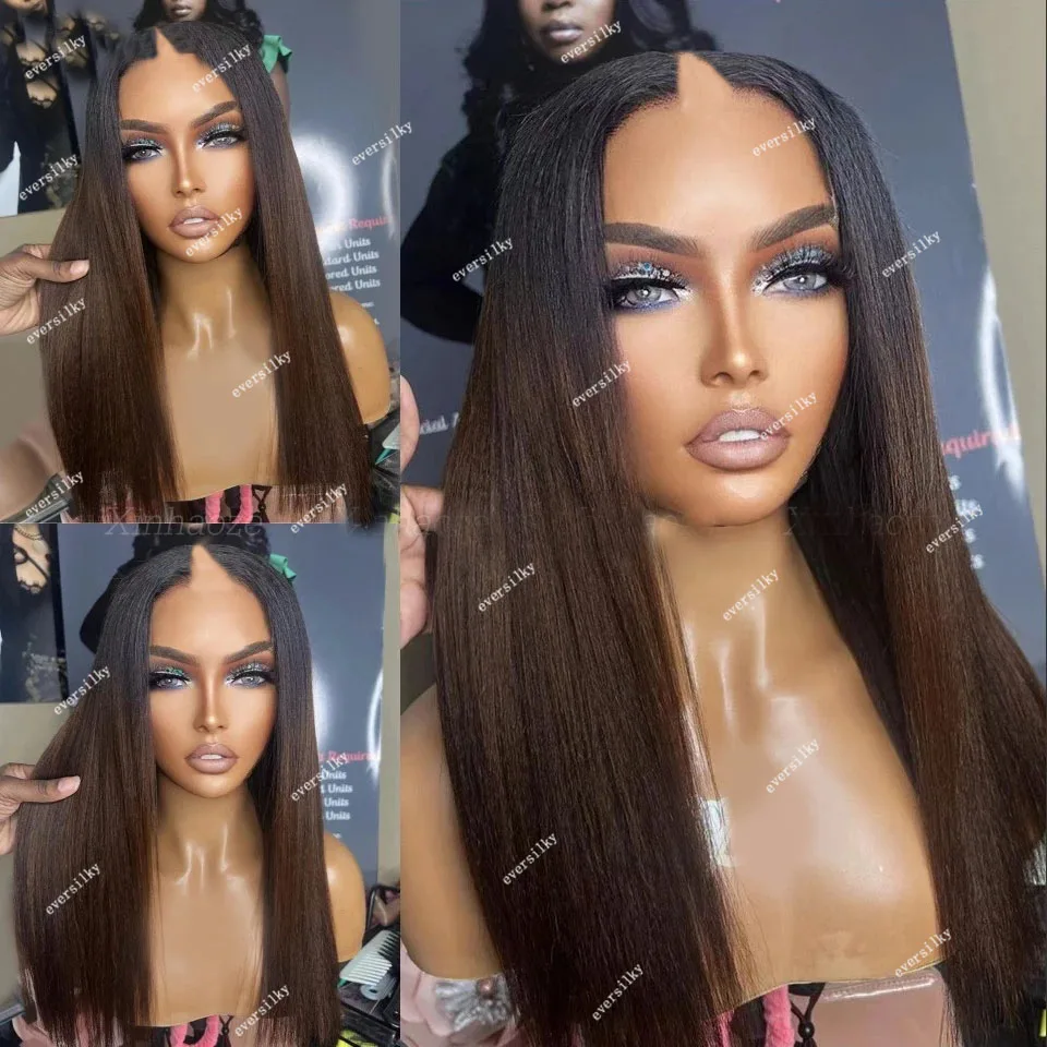 Light Yaki Straight Ombre Dark Brown V Part Wigs Unprocessed Human Hair Wig Glueless Chocolate U Shape Kinky Straight Full End