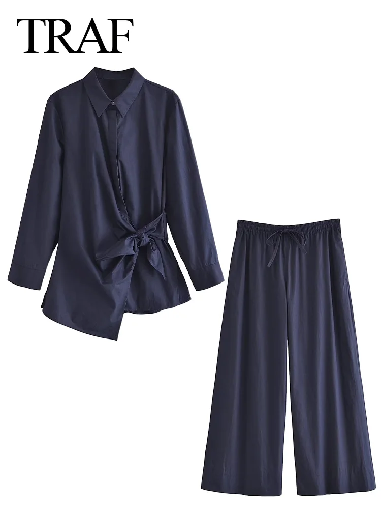 

TRAF 2023 Fashion Long Sleeve Blouses Shirts Female Shirts Suit Tops Woman Summer Ladies Casual Cotton Loose Blouses Lace Up