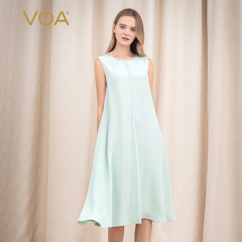 

VOA 30 M/m Silk Sleeveless Loose Waist Simple Party Bodycon Dress Elegant Women A10562 Vestidos Clothes Vintage Befree Dresses