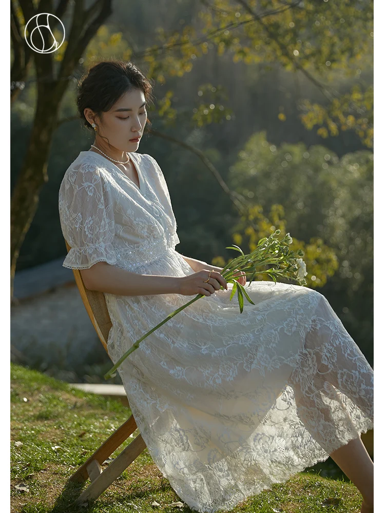 DUSHU Slightly Fat Lady V-Neck Temperament White Dress Romantic Tulle Skirt Lace Waist Design Long  A-LINE Dress Summer