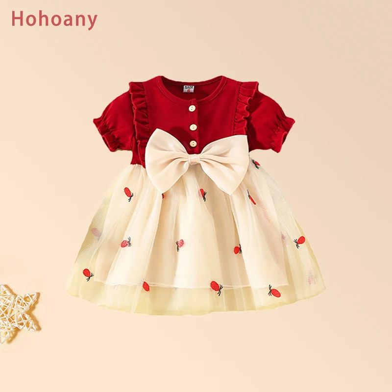 Hohoany Summer Fashion Children Clothes Crew Neck Baby Girls Mesh Dresses Birthday Party Princess Kids Infant Costumes 0 To 3 T