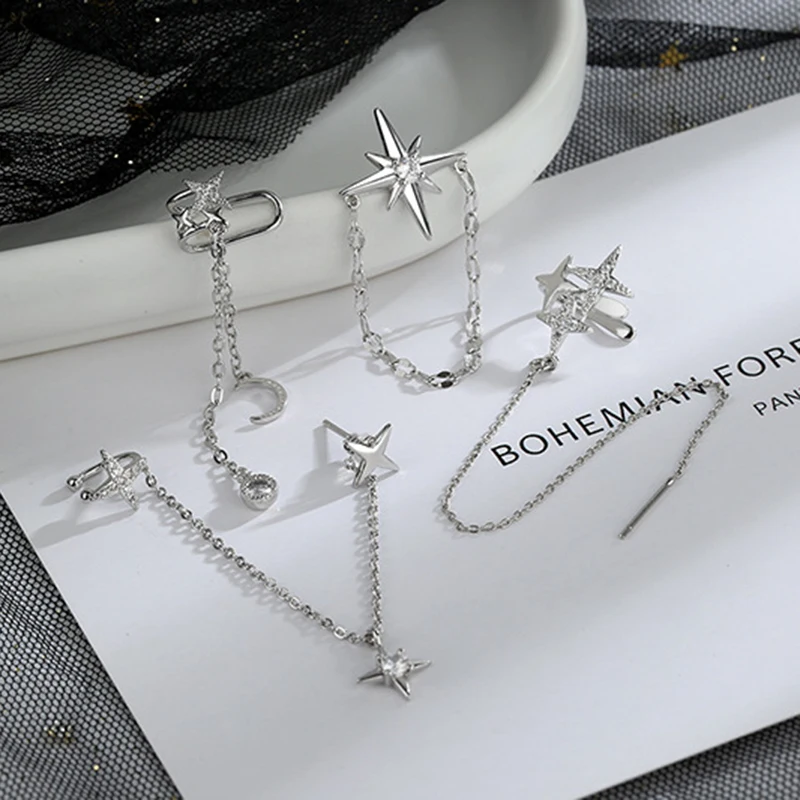 

Korean Fashion Star Moon Tassel Inlaid Earrings for Women Ear Clip Without Earhole Star Ear Bone Clip Vintage Jewelry Kolczyki