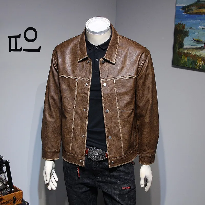 Autumn New Washed Leather jacket Men's Korean Sle Loose Lapel Outerwear Trendy Youth Handsome Casual Leather Coat