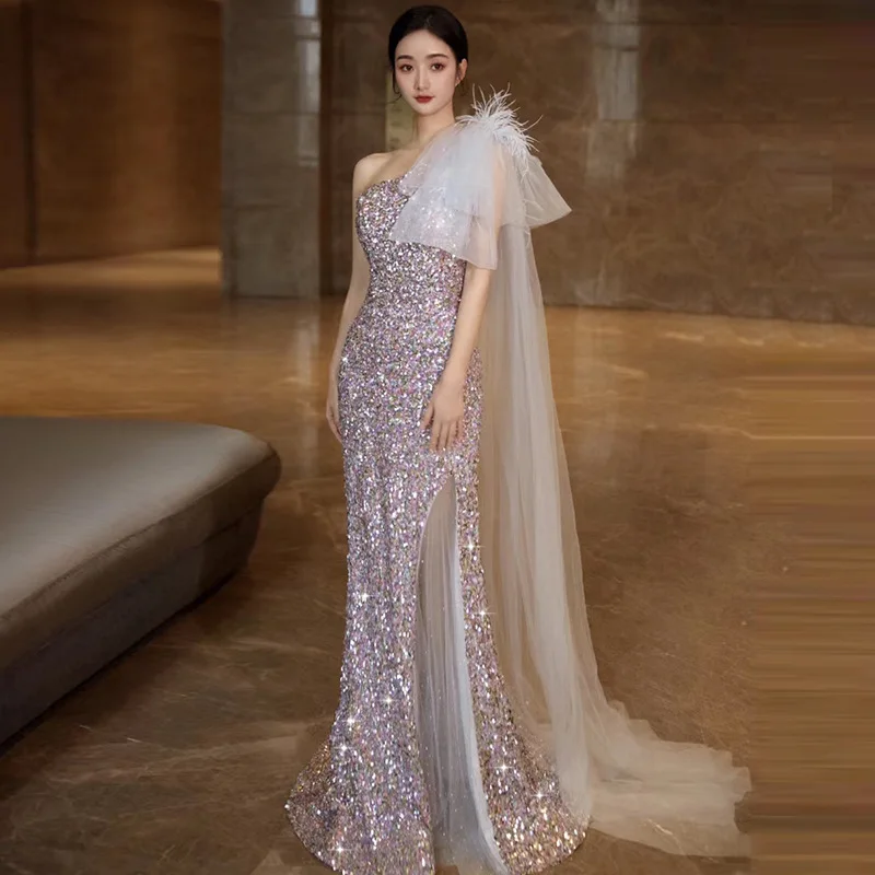 Женское вечернее платье-Русалка LZPOVE Тюлевое платье на одно плечо с перьями до