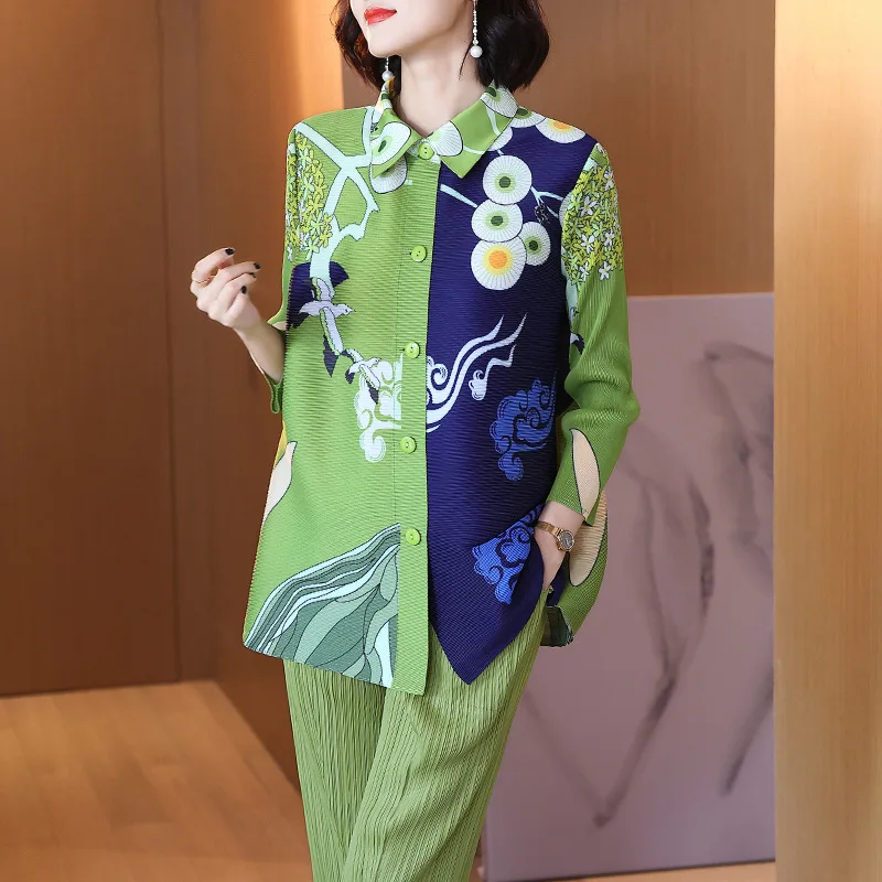 Tops Women 2022 Miyake Pleated New Fashion Loose Printed Patchwork Turndown Collar Nine Quarter Sleeve Single Breasted
