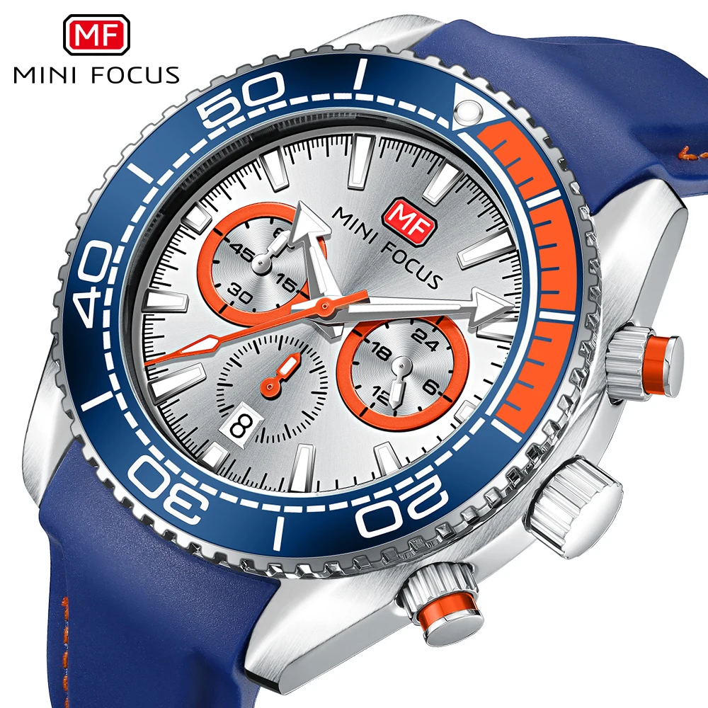 

MINIFOCUS Blue Sport Quartz Watch Men Multifunction Sub-Dials Calendar Luxury Watches Fashion Silicone Strap relogio masculino