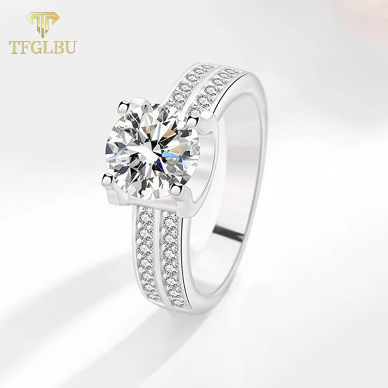 

TFGLBU 2CT Glassic Brilliant Cut Moissanite Double Row Ring for Women S925 Sterling Sliver Test Past Simulated Diamond Band VVS1