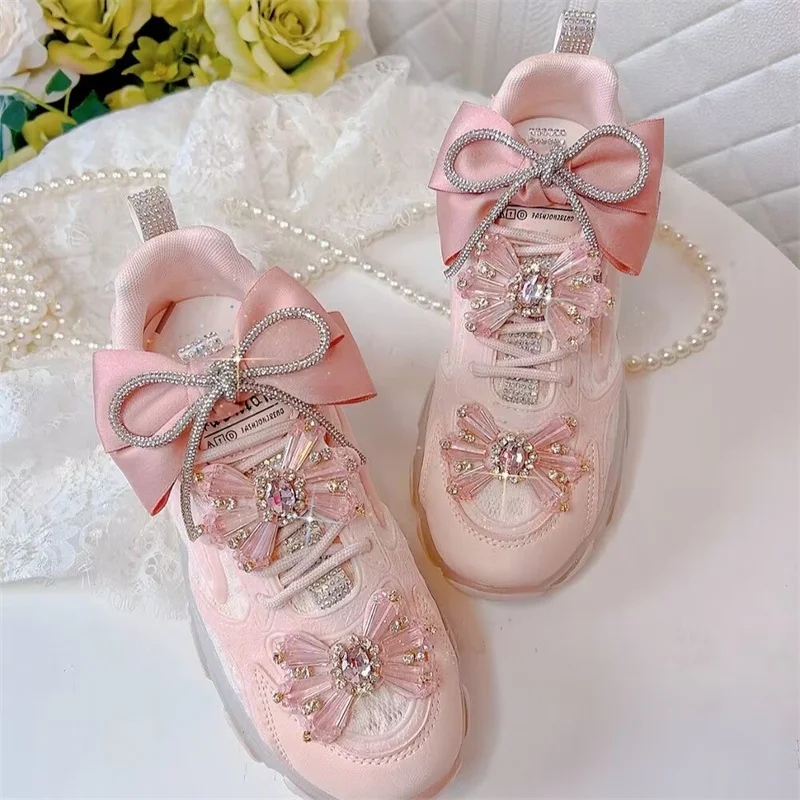 

Hand-made inner elevation sneakers White Diamond Pink Diamond sneakers plus-size women's 35-40