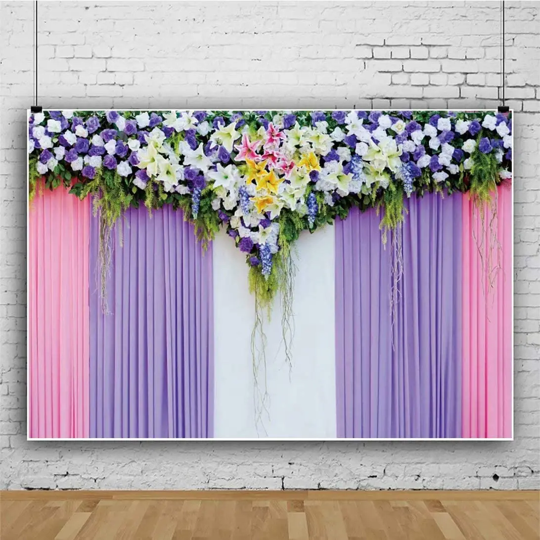 Wedding Ceremony Photography Backdrop Colorful Flowers Purple and Pink Curtain Photo Background Bridal Shower Party Decor |
