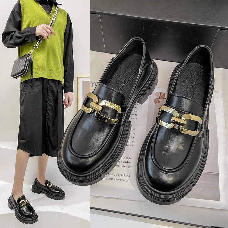 

Spring/Autumn New Women's Single Shoes Non-slip Wear-resistant Comfortable All-match Thick-soled Ladies Round-toe Loafers G-29