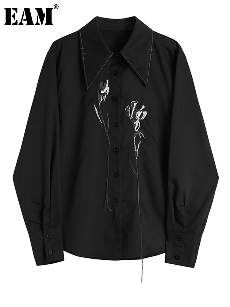 

[EAM] Женская Черная винтажная блузка с вышивкой большого размера, новая свободная рубашка с отворотом и длинным рукавом, модная демисезонная...