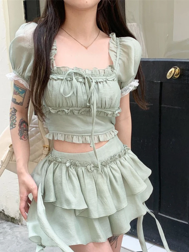 

Женский костюм из двух предметов, Зеленый Французский костюм с мини-юбкой в Корейском стиле, элегантный топ с пышными рукавами и асимметричная юбка, лето 2023